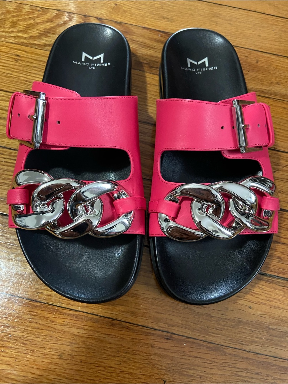 Marc Fisher Hot Pink Slide Sandals with Silver Chain Accent